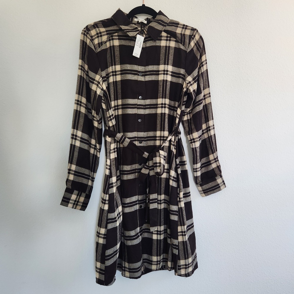 NWT Maurices Black Cream Plaid Snap Front Tie Waist‎ Shirt Dress